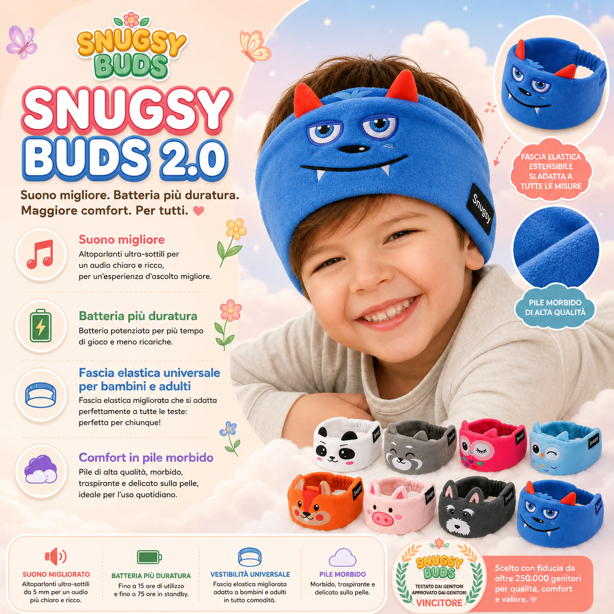 Snugsy Buds™ 2.0 – Fascia Audio Bluetooth per Bambini